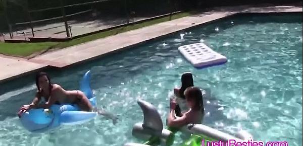  Wet teen lesbian foursome pussy eating pool party